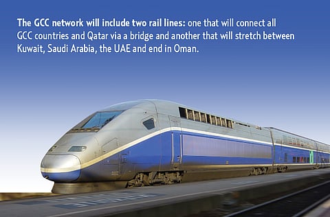 The GCC network will include two rail lines: one
that will connect all GCC countries and Qatar via a
bridge and another that will stretch between
Kuwait, Saudi Arabia, the UAE and end in Oman.