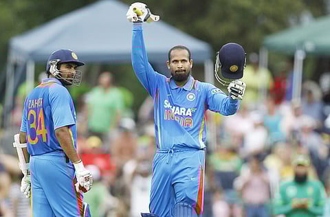 Yusuf Pathan (right) celebrates a ODI century in India colours as teammate Zaheer Khan looks on.