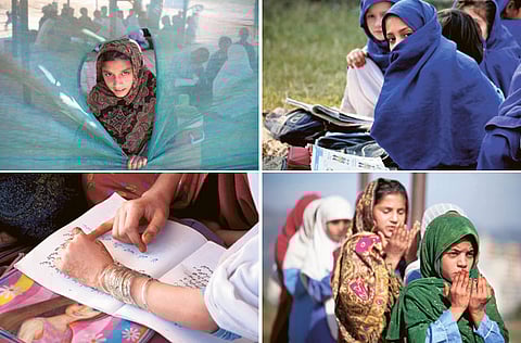 Top right: A girl attends class on the lawn at Government Girls Primary School No 3 in Swabi. Above right: Children attend a school in the slums of Islamabad. Above left: Pakistani kids who collect recycleable goods to support their families, share a book at a makeshift school run by a local NGO in an Islamabad slum. Top Left: A girl at a makeshift classroom in Islamabad