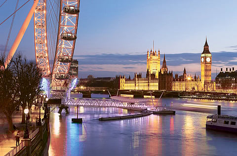 London Eye and Palace of Westminster at dusk. Britain has moved the UAE, India, Bahrain, Qatar and others from its red to its amber list for international travel. The measure takes effect from August 8 at 7am UAE time. Fully vaccinated travellers from countries on the UK’s amber list still require a pre-departure test and a further PCR test on day two of their trip.