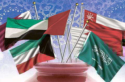 Flags of member-nations of the Gulf Cooperation Council (GCC), which groups Bahrain, Kuwait, Oman, Qatar, Saudi Arabia and the UAE.