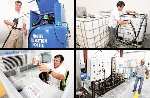 Clockwise from top-left: Karl W Feilder, Chairman & CEO of Neutral Fuels at a Mobile Oil Station at his factory in Dubai Investements Park;Used cooking oil in 1,000-litre bulk containers ready for refining. Ali Fadl Alah, Operations Manager, explains the process. The in-house lab checks free fatty acids in the oil.