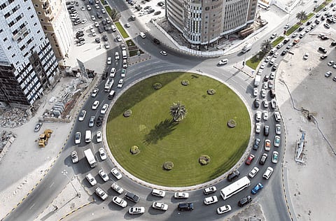 Traffic gridlock at the roundabout near Al Taawun mall at Sharjah. Traffic congestion has increased in Ramadan,
especially close to iftar time when motorists hurry to their destinations, police say.