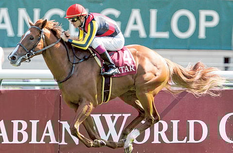 A file picture of Christophe Soumillon in action at the Longchamp race track in Paris. The track will come alive with Group 2 Prix d’Harcourt, a prestigious 2,000 metre contest, which will be the first racing event to be held in the country after COVID-19 lockdowns.