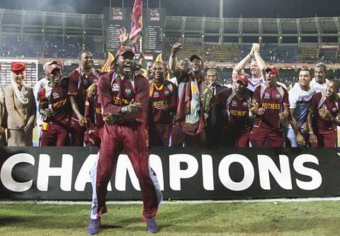 Chris Gayle celebrates in his inimitable style after the West Indies won the World T20 in Sri Lanka in 2012.