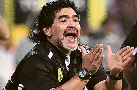 Diego Maradona, as animated as ever, during his role as coach as Al Wasl Club in 2012.