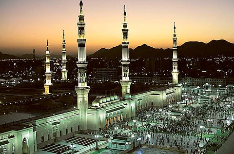 Pilgrims at the Prophet's Mosque in Madinah.