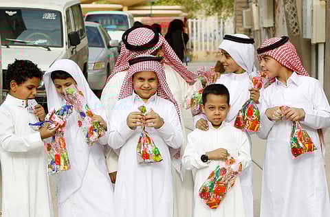 Saudi boys celebrate Eid Al Fitr in Riyadh in this file picture. The Ministry of Human Resources and Social Development has said that the Eid holiday for the public sector employees will begin at the end of the workday on Thursday, Ramadan 25 (May 7) and ends on Monday, Shawwal 5 (May 17).