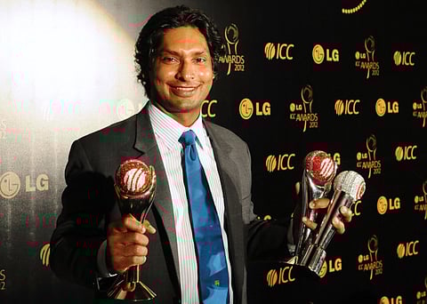 From the album: Kumar Sangakkara poses with a rich haul of ICC awards during his playing days in 2012.