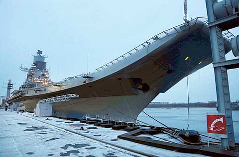 Aircraft carrier INS Vikramaditya pictured at the Sevmash Shipyard in Severodvinsk. It is a modified Kiev-class aircraft carrier. Two Indian Navy women officers have been posted on the aircraft carrier.