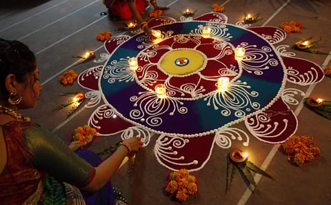 Rangoli is a traditional pattern made from coloured powders