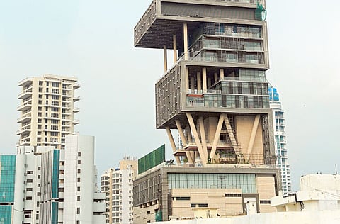 The twenty-seven storey Antilia, the residence of Reliance Industries chairman Mukesh Ambani in Mumbai. The net worth of Mukesh Ambani, chairman of Reliance Industries Ltd., has jumped to $64.5 billion, making him the only Asian tycoon in the exclusive club of the world's top 10 richest people.