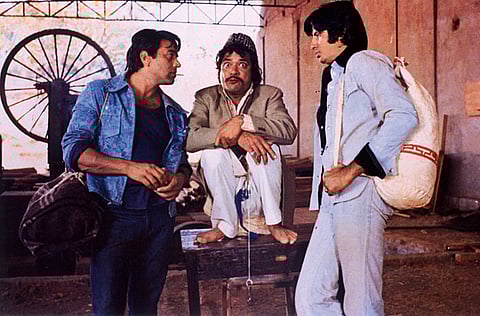 Dharmendra, Jagdeep and Amitabh Bachchan in 'Sholay'.