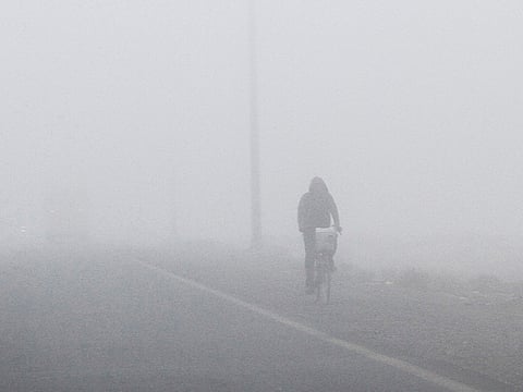 A cyclist shrouded in early morning fog in Sharjah. Photo for illustrative purposes only