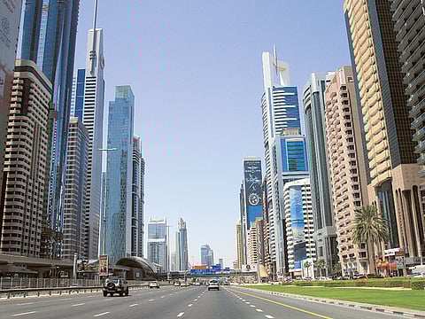 Dubai skyline along Shaikh Zayed Road.