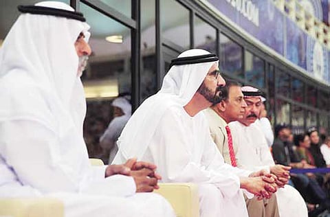 His Highness Sheikh Mohammad Bin Rashid Al Maktoum, Vice-President and Prime Minister of the UAE and Ruler of Dubai, watches a match during 2014 Indian Premier League in Dubai. Shaikh Nahyan, Minister of Tolerance and Coexistence & Chairman of the Emirates Cricket Board is also seen alongwith other dignitaries.