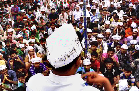 In this file picture, AAP leader Arvind Kejriwal addresses his supporters in Varanasi.