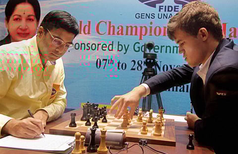 Viswanathan Anand (left) in action against Magnus Carlsen during their Fide World Chess Championship game a few years back.