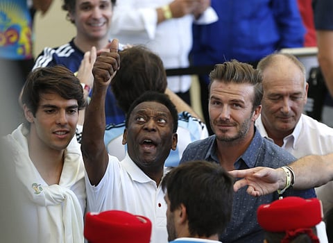 Brazil soccer legend Pele with Kaka and David Beckham ahead of the World Cup 2014 final between Germany and Argentina at the Maracana in Rio de Janeiro