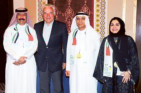 ITF President Francesco Ricci Bitti (second left) is joined by Tennis Emirates officials AbdulRahman Falaknaz, Nasser Al Madani (second right) and Sarah Baker during a visit to Dubai.