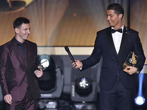 Ronaldo (right) and Messi, two of the game's tallest stars in the new millennium, are in a close race for the two of the most prestigeous Globe Soccer Awards this year.