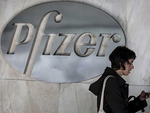 The Pfizer logo is pictured at their building in the Manhattan borough of New York.