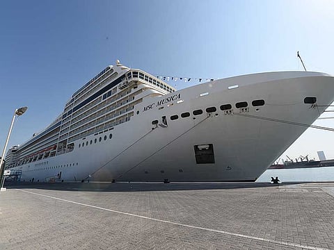 A luxury cruise ship at the Abu Dhabi Cruise Terminal at Port Zayed in Abu Dhabi.