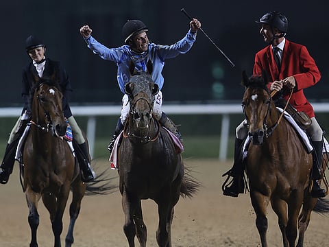 William Buick (centre) celebrates winning the Dubai World Cup on Prince Bishop in 2015, upstaging many a favourite for the big race.