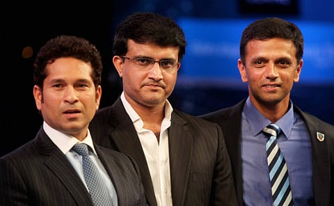 Sourav Ganguly (centre), flanked by Rahul Dravid (right) and Sachin Tendulkar.