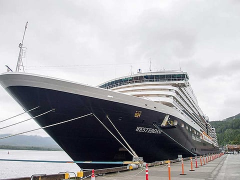 The Holland America Line cruise ship Westerdam sits in dock in Ketchikan, Alaska.