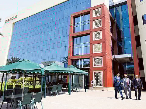 The Oracle building at Dubai Internet City. ENBD REIT, the real estate investment trust managed by Emirates NBD Asset Management, on Wednesday said its largest tenant, Oracle, renewed its lease for another five years.
