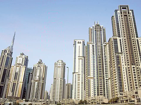 A view of towers and hotels at Business Bay in Dubai.