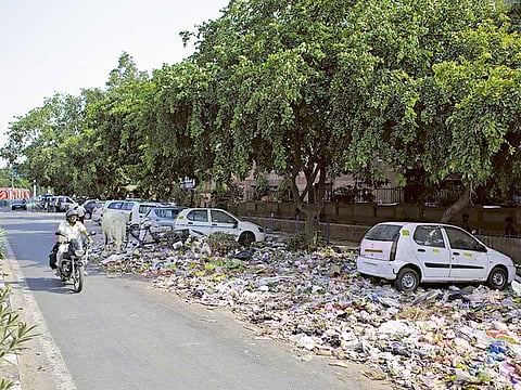 An Indian motorist rides past an overflowing roadside garbage-dumping site.