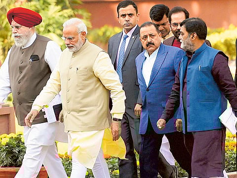 Prime Minister Narendra Modi with some of his ministers outside the Indian parliament in New Delhi (File image)