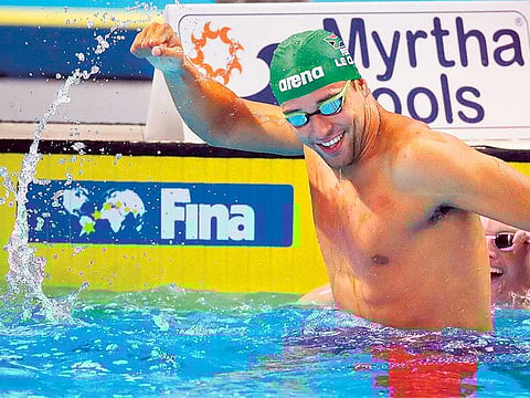 Chad Le Clos, the South African Olympic champion, celebrates his victory in the 50m Butterfly final during an earlier edition of Fina World Swimming Championships (25m).