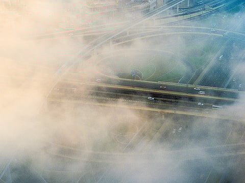 Fog blankets the First Interchange on Shaikh Zayed Road, near Dubai Mall. For illustrative purposes only.
