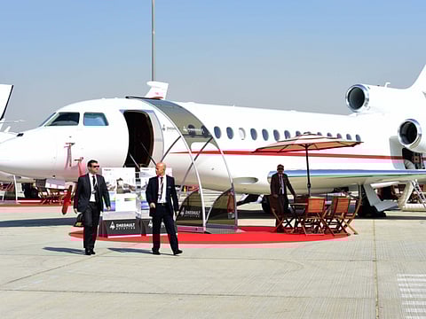 Dassault Falcon 8X during the MEBAA Show at Dubai World Central Al Maktoum International Airport. MEBAA show has been postponed to 2021 due to concerns related to the COVID-19 outbreak.
