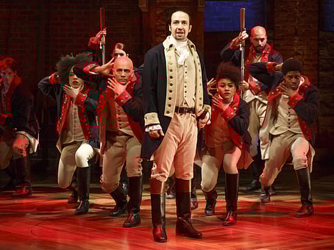Lin-Manuel Miranda with the cast during a performance of 'Hamilton' in New York.