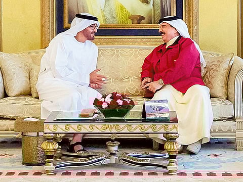 File picture shows His Highness Shaikh Mohammad Bin Zayed Al Nahyan, Crown Prince of Abu Dhabi and Deputy Supreme Commander of the UAE Armed Forces with Bahrain’s King Hamad Bin Eisa Al Khalifa in Manama.