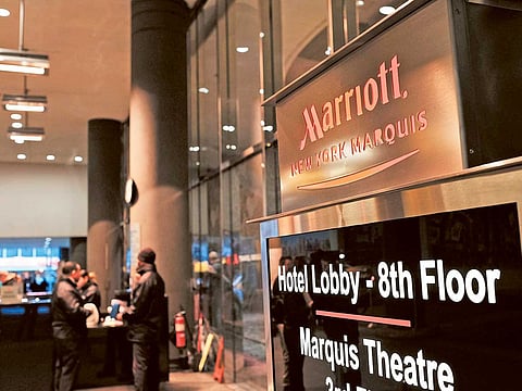 The guest registration at a Marriott hotel in midtown Manhattan, New York.