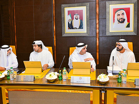Shaikh Mohammad chairing a cabinet meeting last year. Shaikh Mansour Bin Zayed Al Nahyan, Deputy Prime Minister and Minister of Presidential Affairs, Lieutenant General Shaikh Saif Bin Zayed Al Nahyan, Deputy Prime Minister and Minister of Interior, and Shaikh Nahyan Bin Mubarak Al Nahyan, who will be the new Minister of Tolerance and Coexistence, are seen.