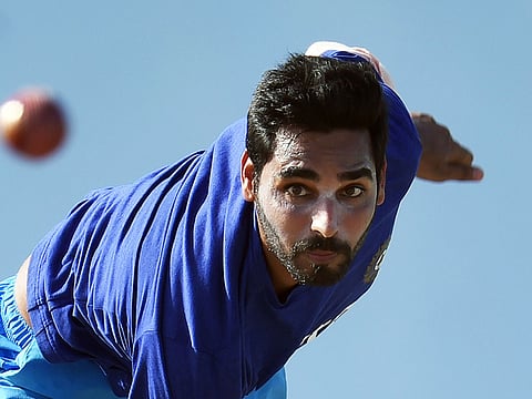 Indian pace bowler Bhuvneshwar Kumar goes flat out at the nets.