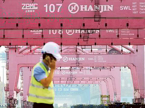 Gantry cranes at the Hanjin Newport Co terminal at Busan New Port in South Korea. The UAE is South Korea’s top Arab trading partner, accounting for about 27% of its total trade with other Arab nations.