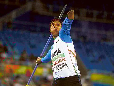 Golden moment: Devendra Jhajharia of India in action during the men’s javelin F46 final at the Rio Paralympics in 2016. Jhajharia bagged his second gold medal after bettering his own world record in Brazil.