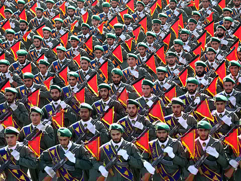 Iran's Revolutionary Guard troops march in a military parade in Tehran a file photo. The new provincial governor who was slapped once served in the Revolutionary Guard.