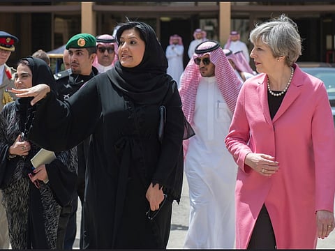 Princess Reema Bint Bandar Bin Sultan with British PM Theresa May. A daughter of a former Saudi ambassador to the US, Prince Bandar Bin Sultan, Princess Reema Bint Bandar is a graduate of George Washington University, and is also known for her fashion business and philanthropy.