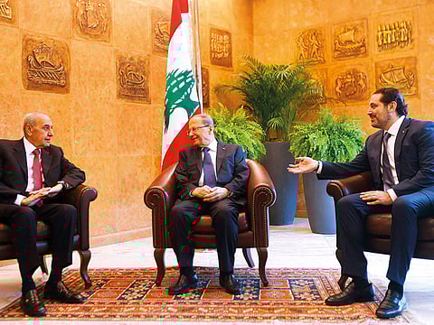 File picture shows Saad Hariri with President Michel Aoun and Parliament Speaker Nabih Berri (left) at the presidential palace in Baadba, Lebanon.