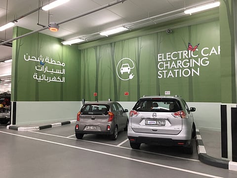A picture taken by an electric car owner Paul shows normal petrol cars parked in the electric car charging station at Mall of the Emirates.