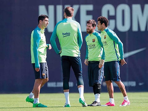 The departed: Barcelona’s Luis Suarez, Gerard Pique, Lionel Messi and Neymar during happier times