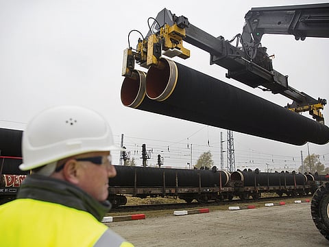File picture of the first pipes for the Nord Stream 2 pipeline being delivered on the island of Rugen, Germany.